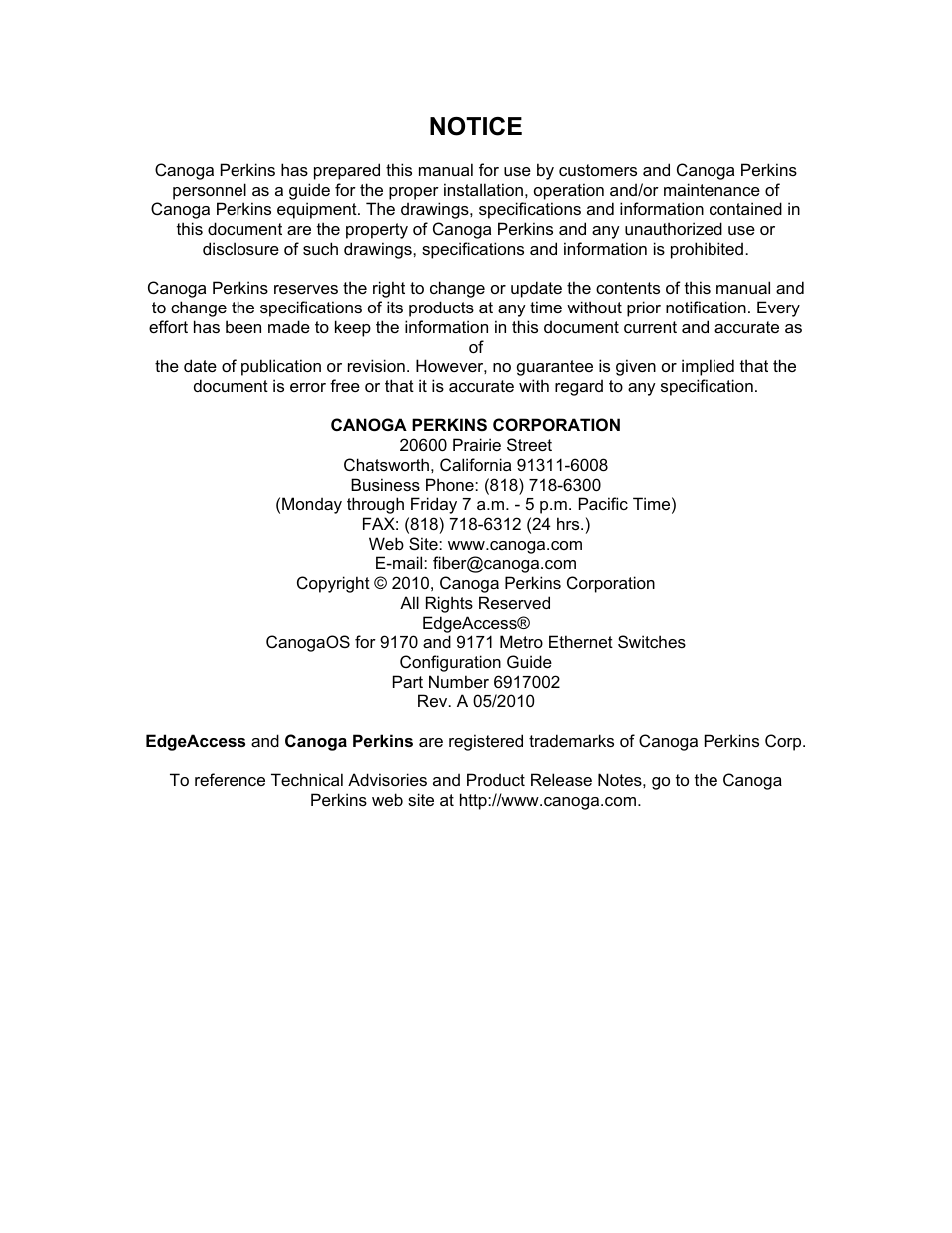 Notice | CANOGA PERKINS 9171 Configuration Guide User Manual | Page 3 / 280