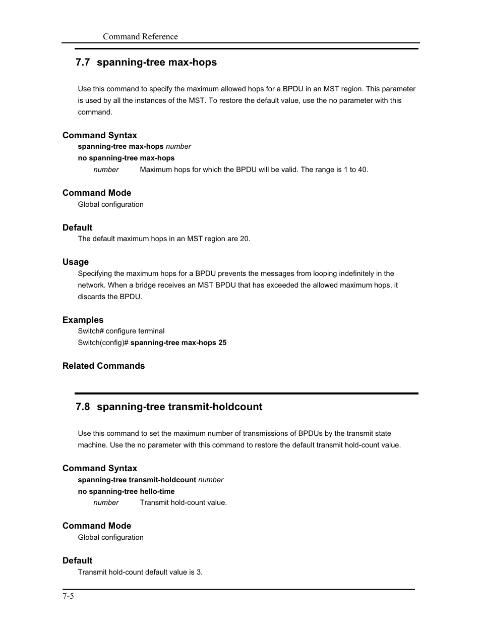 7 spanning-tree max-hops, 8 spanning-tree transmit-holdcount | CANOGA PERKINS 9171 Command Reference User Manual | Page 108 / 782