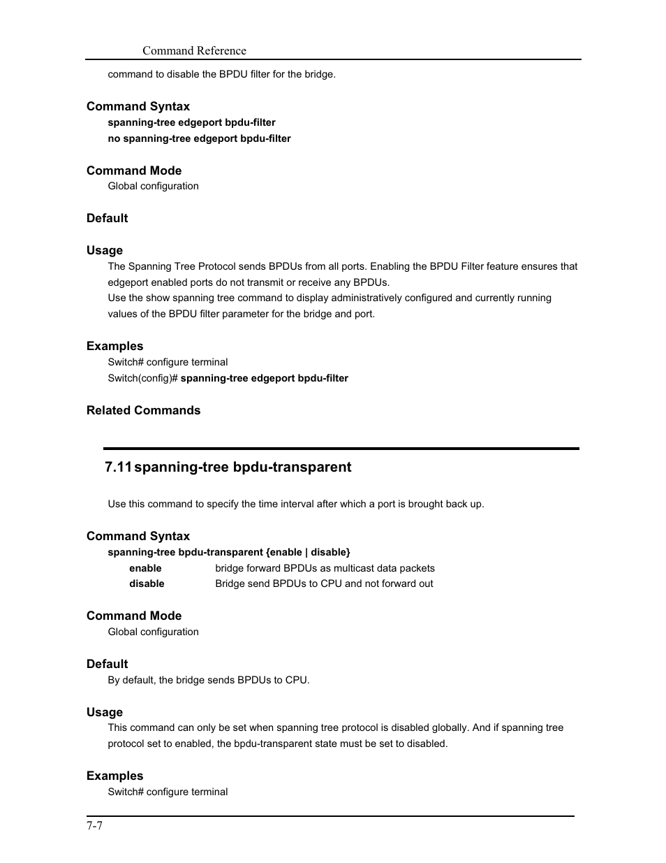 11 spanning-tree bpdu-transparent | CANOGA PERKINS 9171 Command Reference User Manual | Page 110 / 782