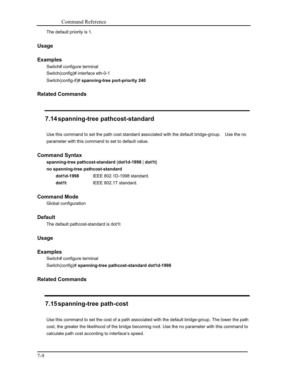 14 spanning-tree pathcost-standard, 15 spanning-tree path-cost | CANOGA PERKINS 9171 Command Reference User Manual | Page 112 / 782
