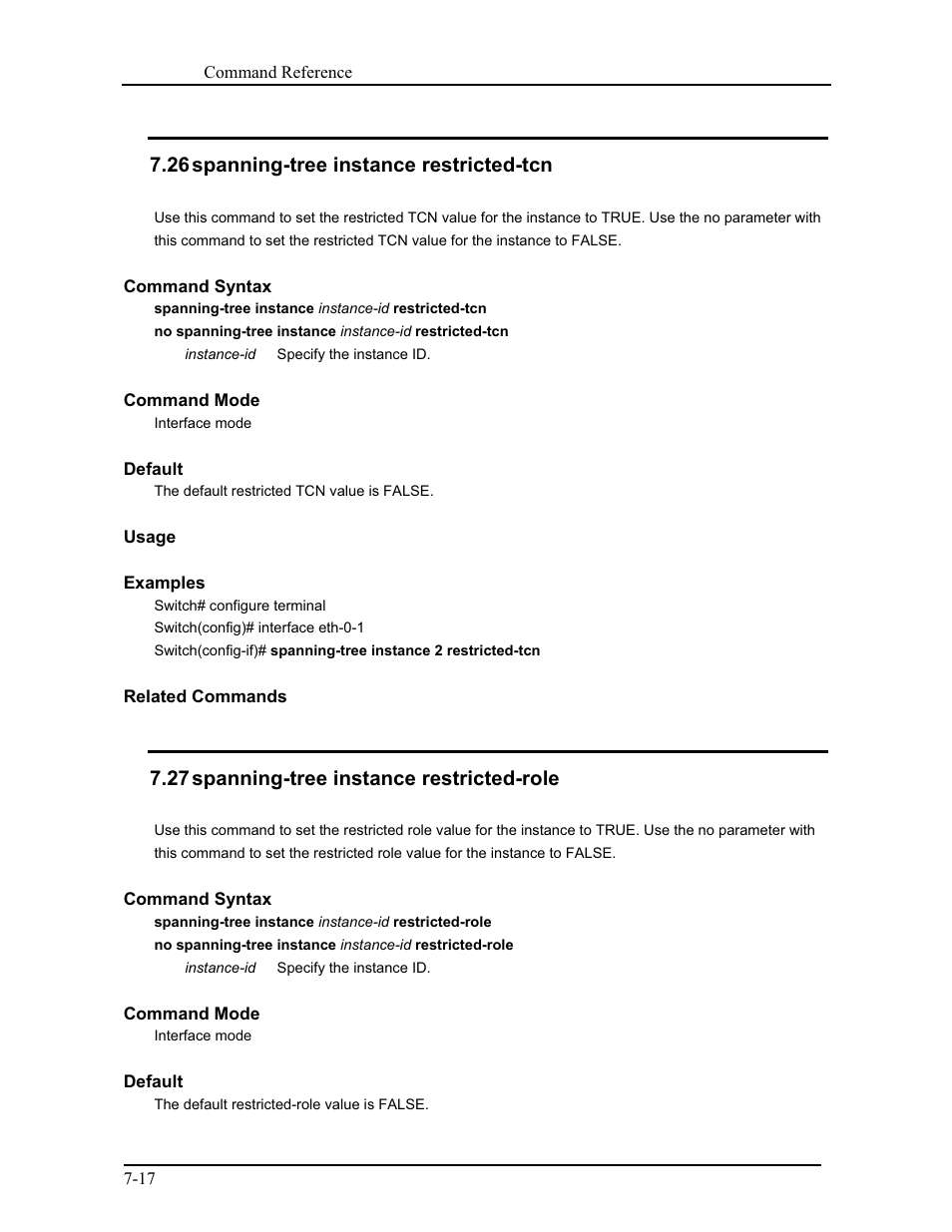 26 spanning-tree instance restricted-tcn, 27 spanning-tree instance restricted-role | CANOGA PERKINS 9171 Command Reference User Manual | Page 120 / 782