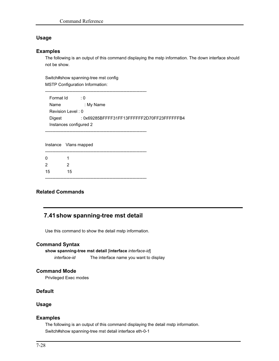 41 show spanning-tree mst detail | CANOGA PERKINS 9171 Command Reference User Manual | Page 131 / 782