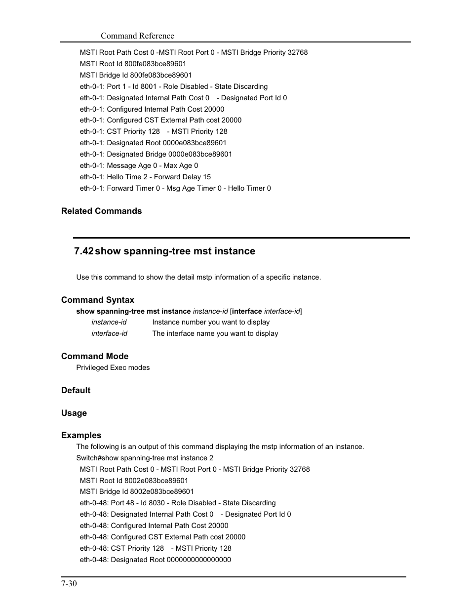 42 show spanning-tree mst instance | CANOGA PERKINS 9171 Command Reference User Manual | Page 133 / 782