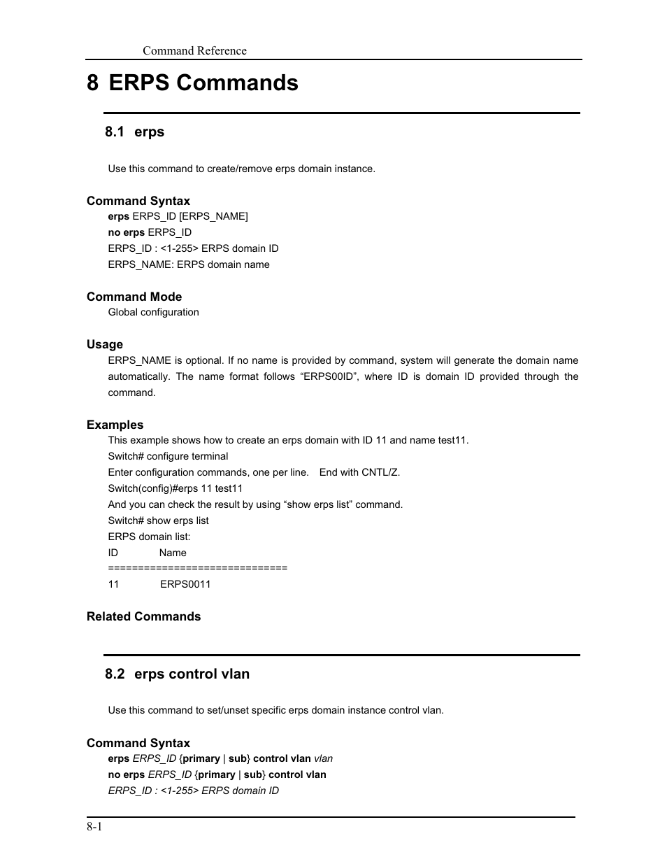 8 erps commands, 1 erps, 2 erps control vlan | CANOGA PERKINS 9171 Command Reference User Manual | Page 137 / 782