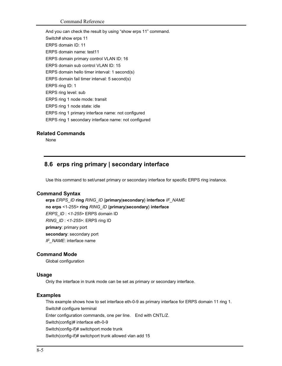 6 erps ring primary | secondary interface | CANOGA PERKINS 9171 Command Reference User Manual | Page 141 / 782
