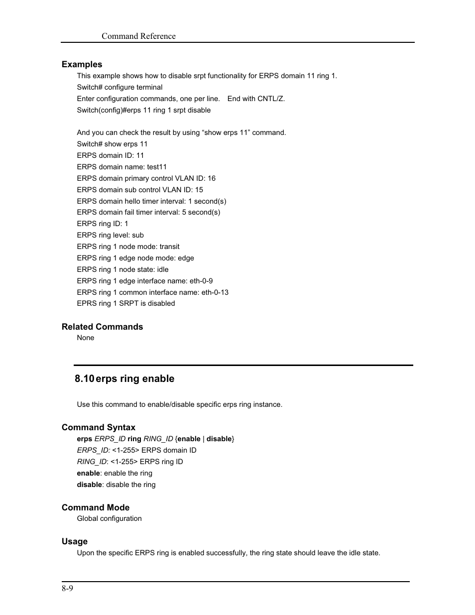 10 erps ring enable | CANOGA PERKINS 9171 Command Reference User Manual | Page 145 / 782