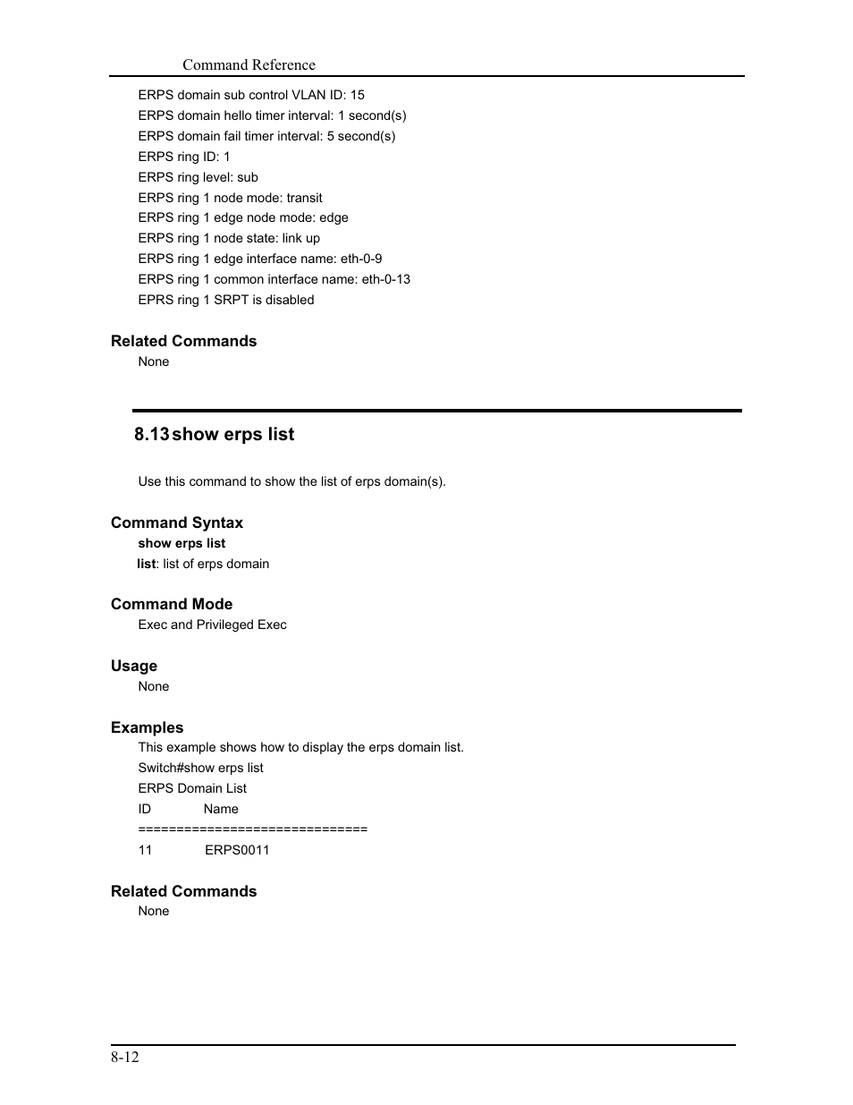 13 show erps list | CANOGA PERKINS 9171 Command Reference User Manual | Page 148 / 782