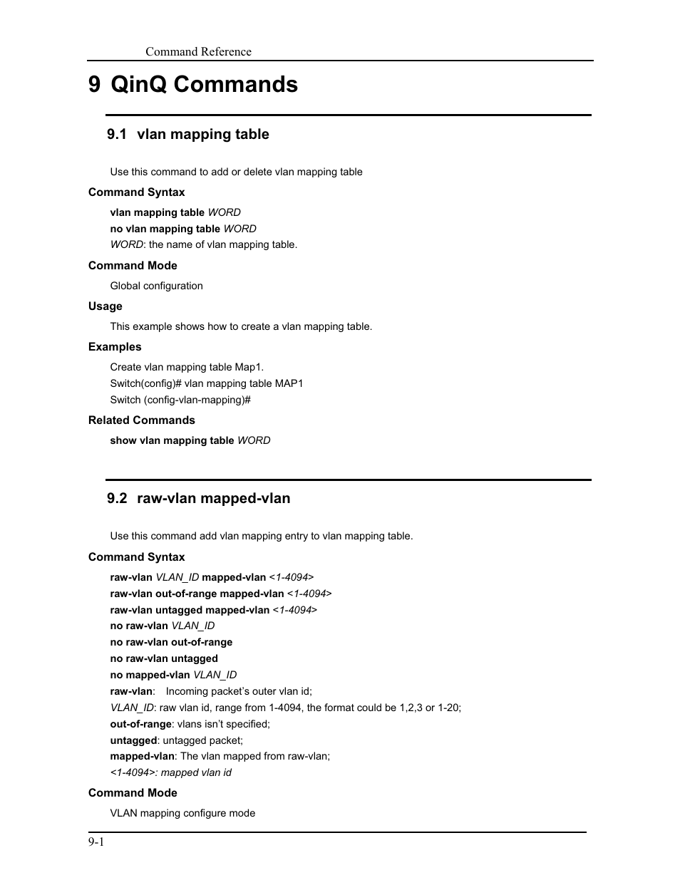 9 qinq commands, 1 vlan mapping table, 2 raw-vlan mapped-vlan | CANOGA PERKINS 9171 Command Reference User Manual | Page 149 / 782