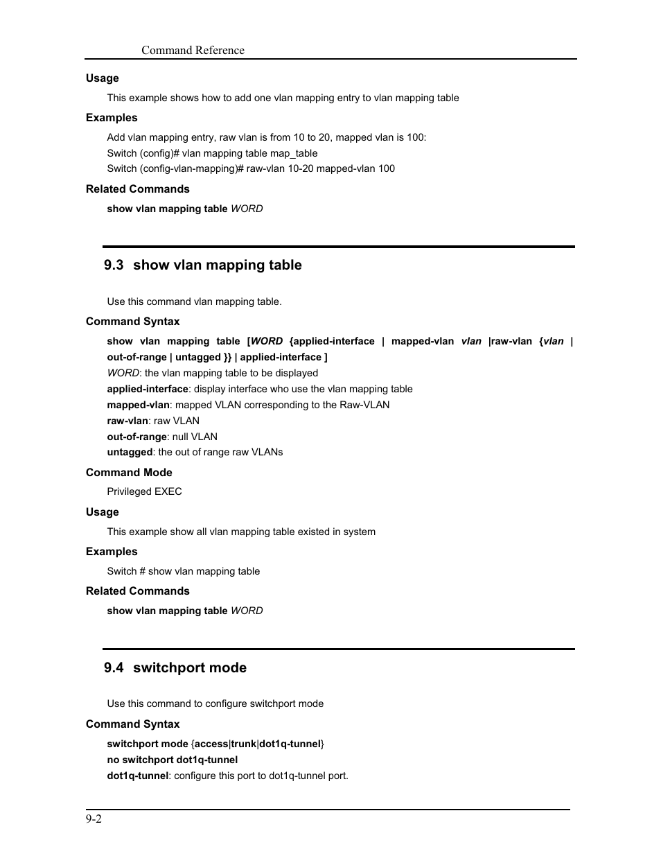 3 show vlan mapping table, 4 switchport mode | CANOGA PERKINS 9171 Command Reference User Manual | Page 150 / 782