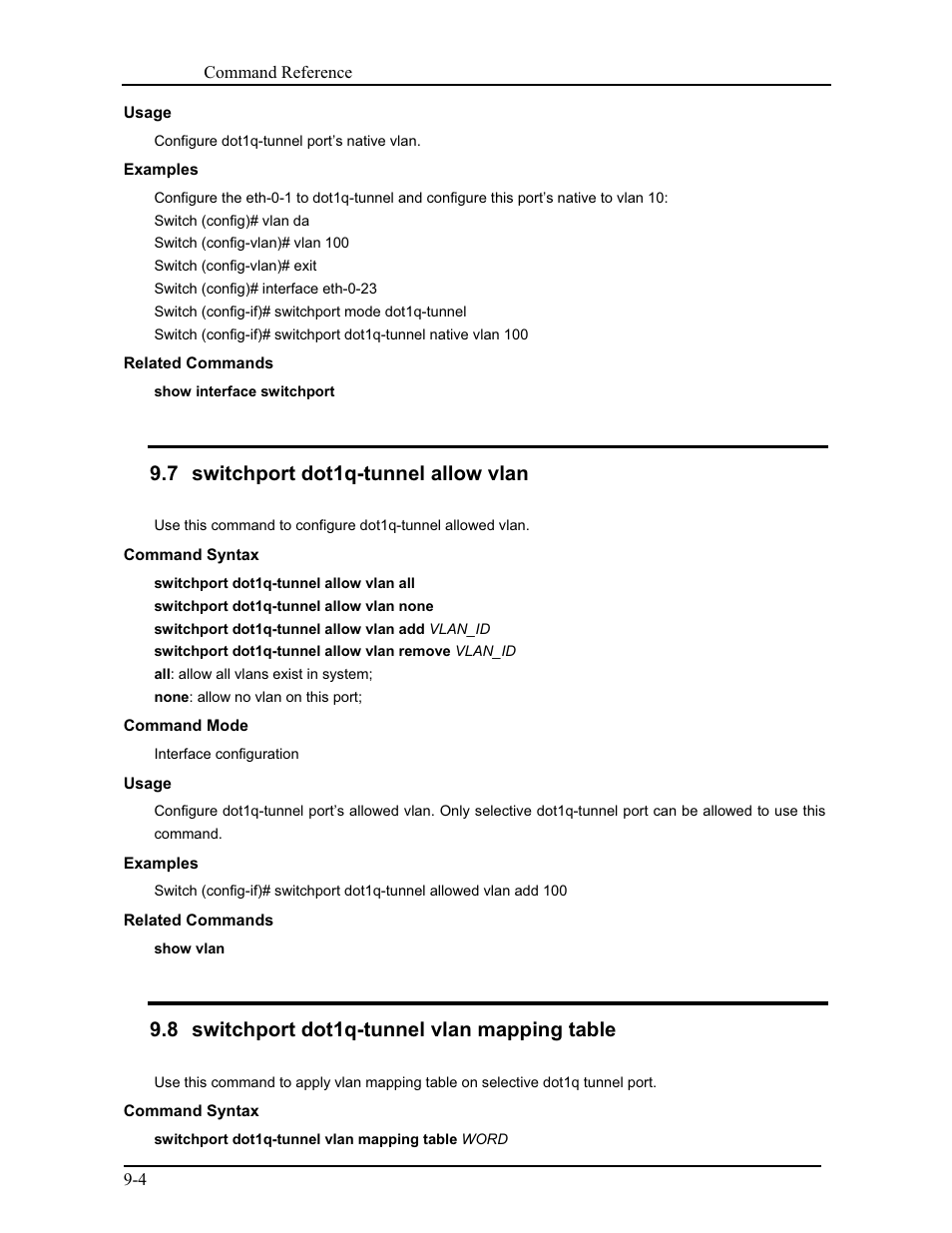 7 switchport dot1q-tunnel allow vlan, 8 switchport dot1q-tunnel vlan mapping table | CANOGA PERKINS 9171 Command Reference User Manual | Page 152 / 782