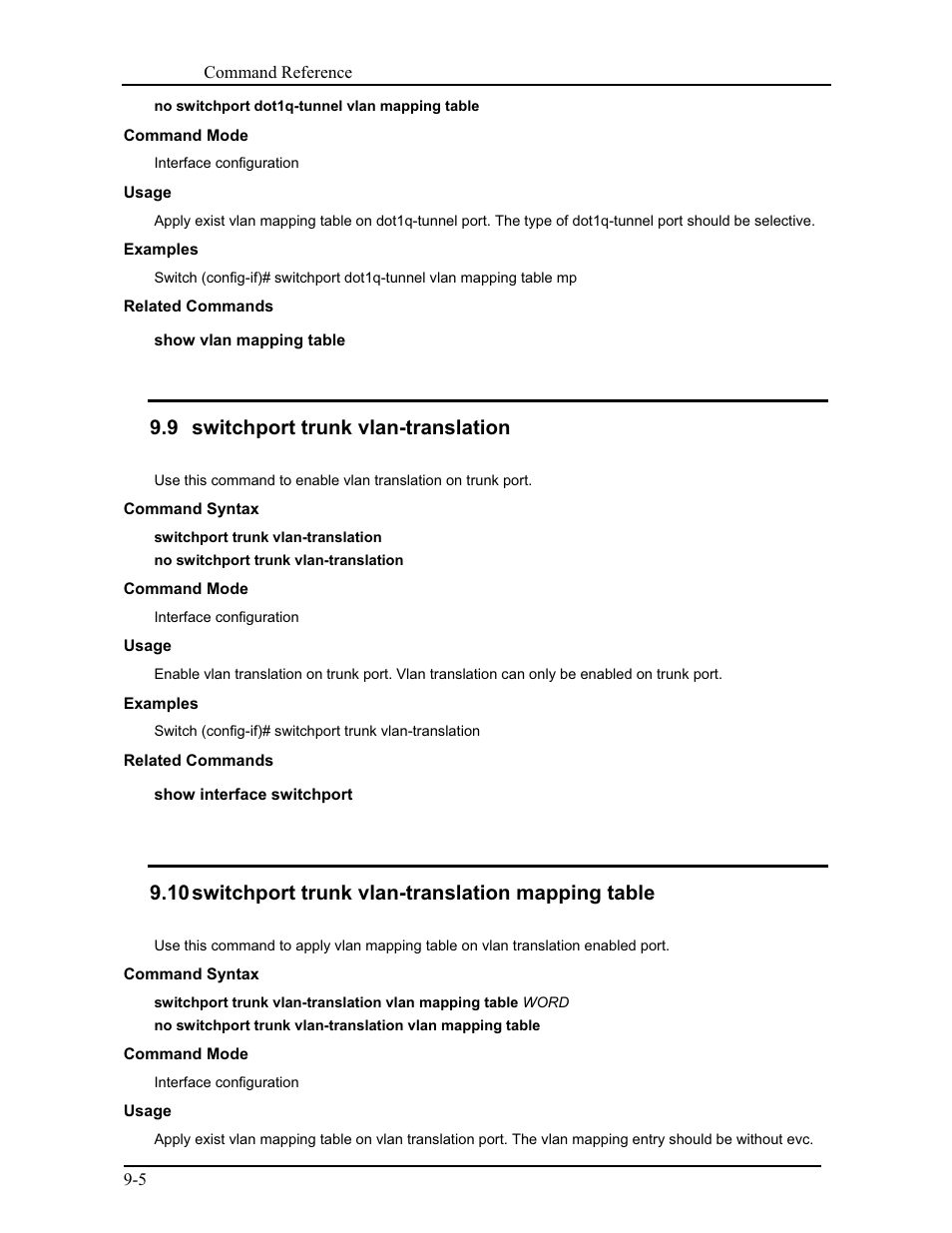 9 switchport trunk vlan-translation, 10 switchport trunk vlan-translation mapping table | CANOGA PERKINS 9171 Command Reference User Manual | Page 153 / 782
