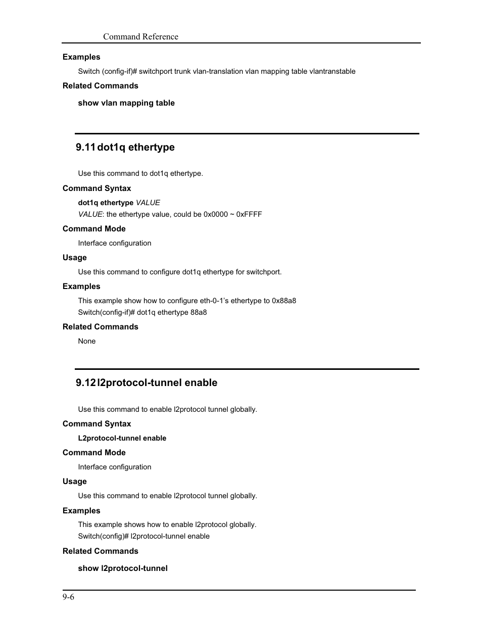 11 dot1q ethertype, 12 l2protocol-tunnel enable | CANOGA PERKINS 9171 Command Reference User Manual | Page 154 / 782