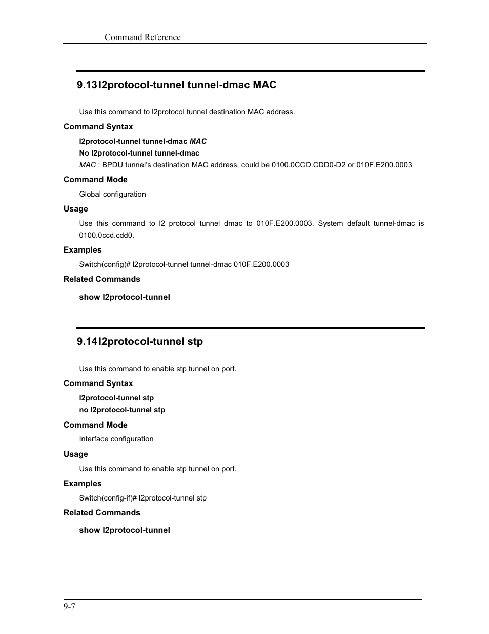 13 l2protocol-tunnel tunnel-dmac mac, 14 l2protocol-tunnel stp | CANOGA PERKINS 9171 Command Reference User Manual | Page 155 / 782