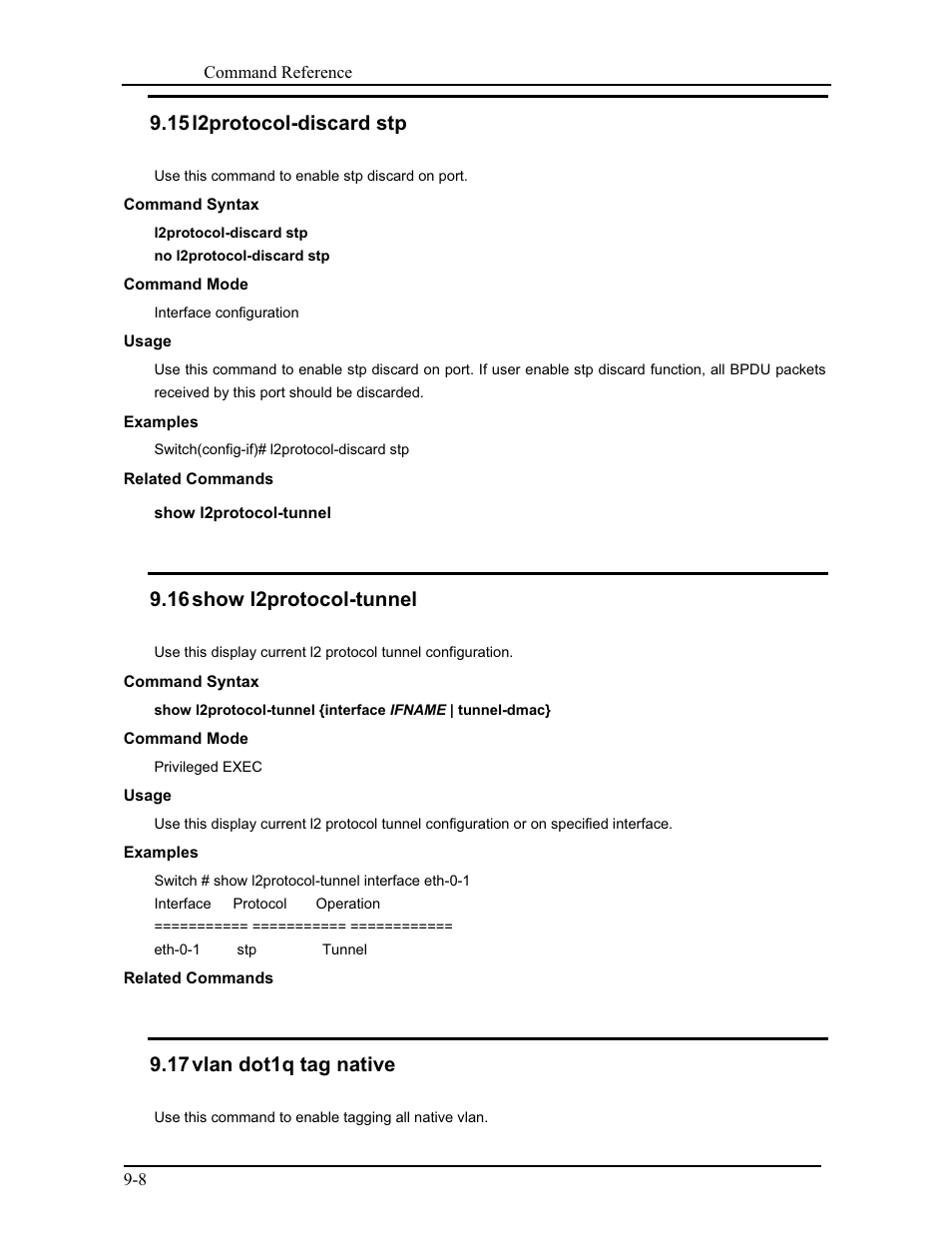 15 l2protocol-discard stp, 16 show l2protocol-tunnel, 17 vlan dot1q tag native | CANOGA PERKINS 9171 Command Reference User Manual | Page 156 / 782