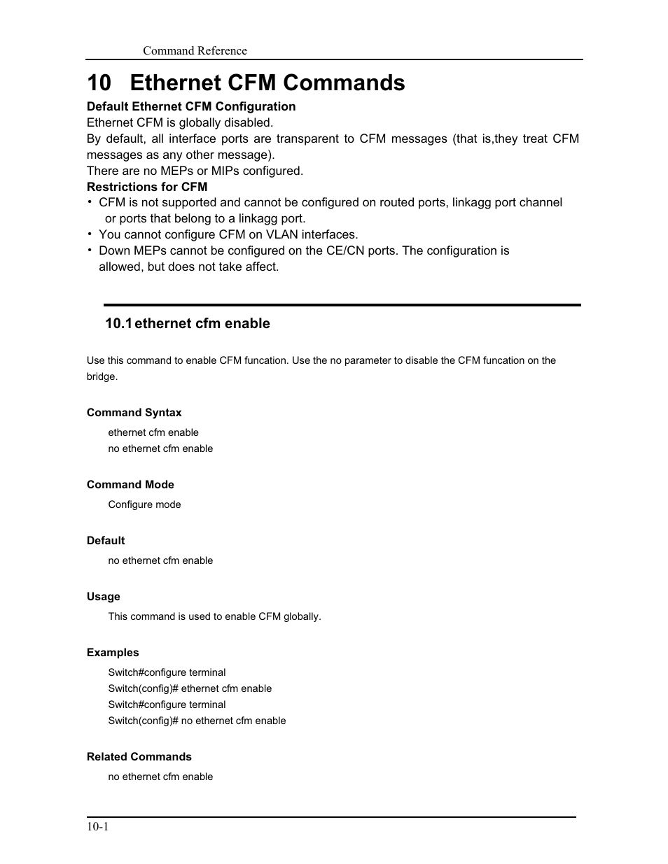 10 ethernet cfm commands, 1 ethernet cfm enable | CANOGA PERKINS 9171 Command Reference User Manual | Page 158 / 782
