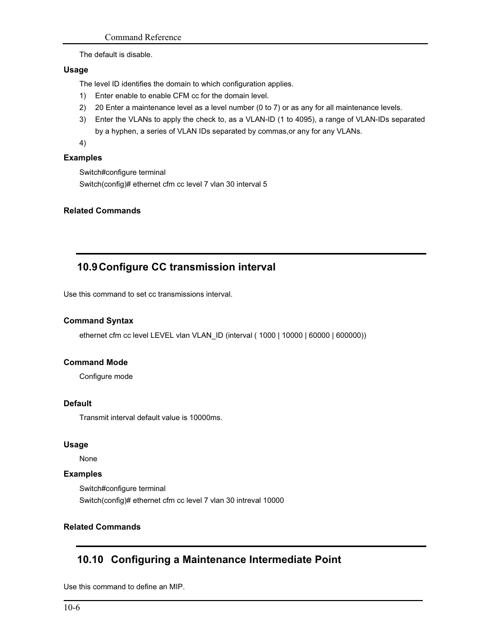 9 configure cc transmission interval, 10 configuring a maintenance intermediate point | CANOGA PERKINS 9171 Command Reference User Manual | Page 163 / 782