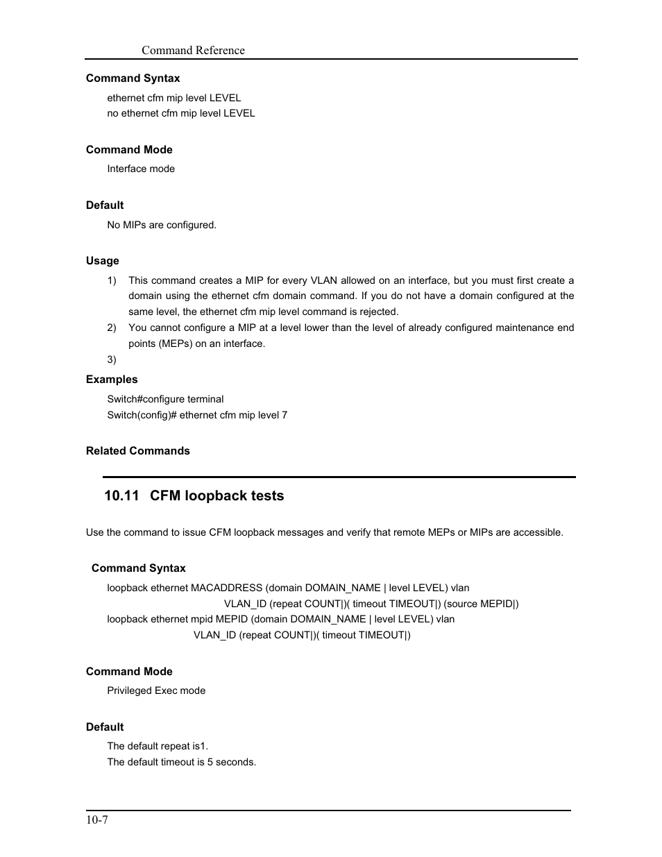 11 cfm loopback tests | CANOGA PERKINS 9171 Command Reference User Manual | Page 164 / 782