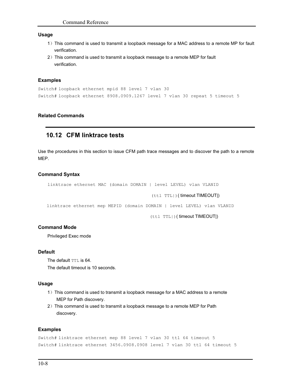 12 cfm linktrace tests | CANOGA PERKINS 9171 Command Reference User Manual | Page 165 / 782