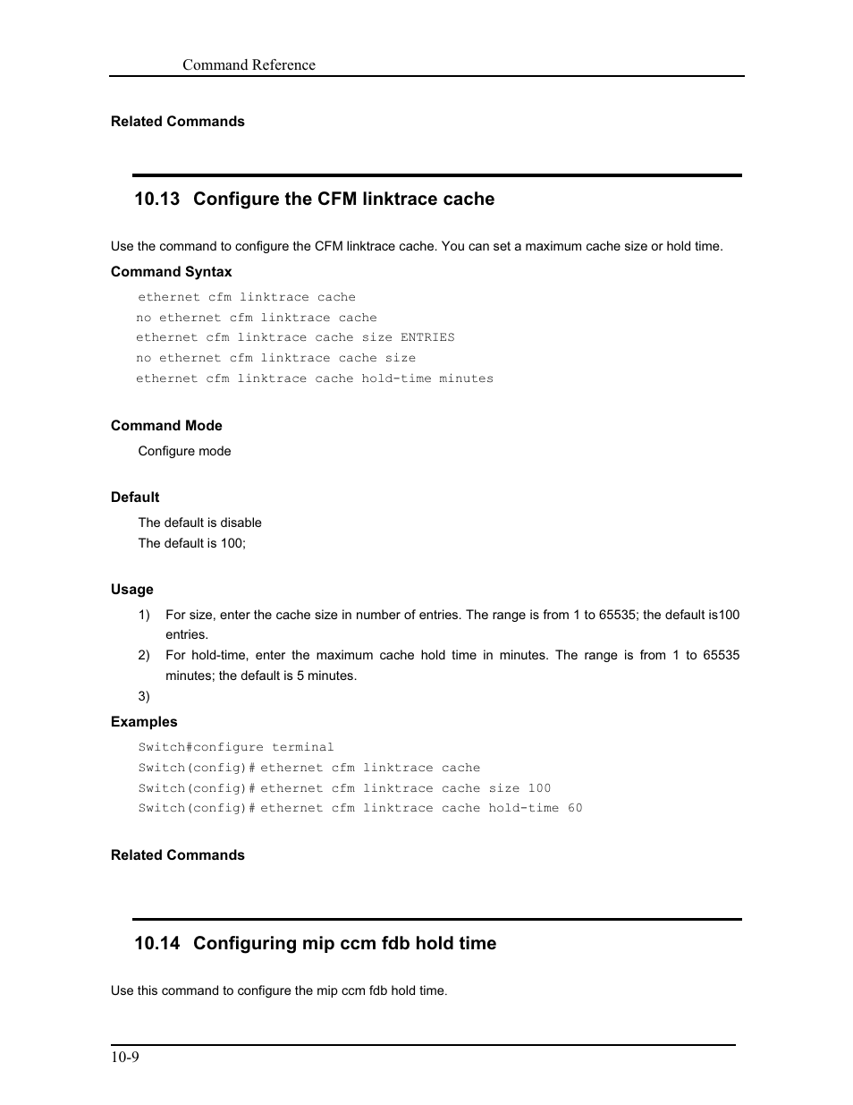 13 configure the cfm linktrace cache, 14 configuring mip ccm fdb hold time | CANOGA PERKINS 9171 Command Reference User Manual | Page 166 / 782