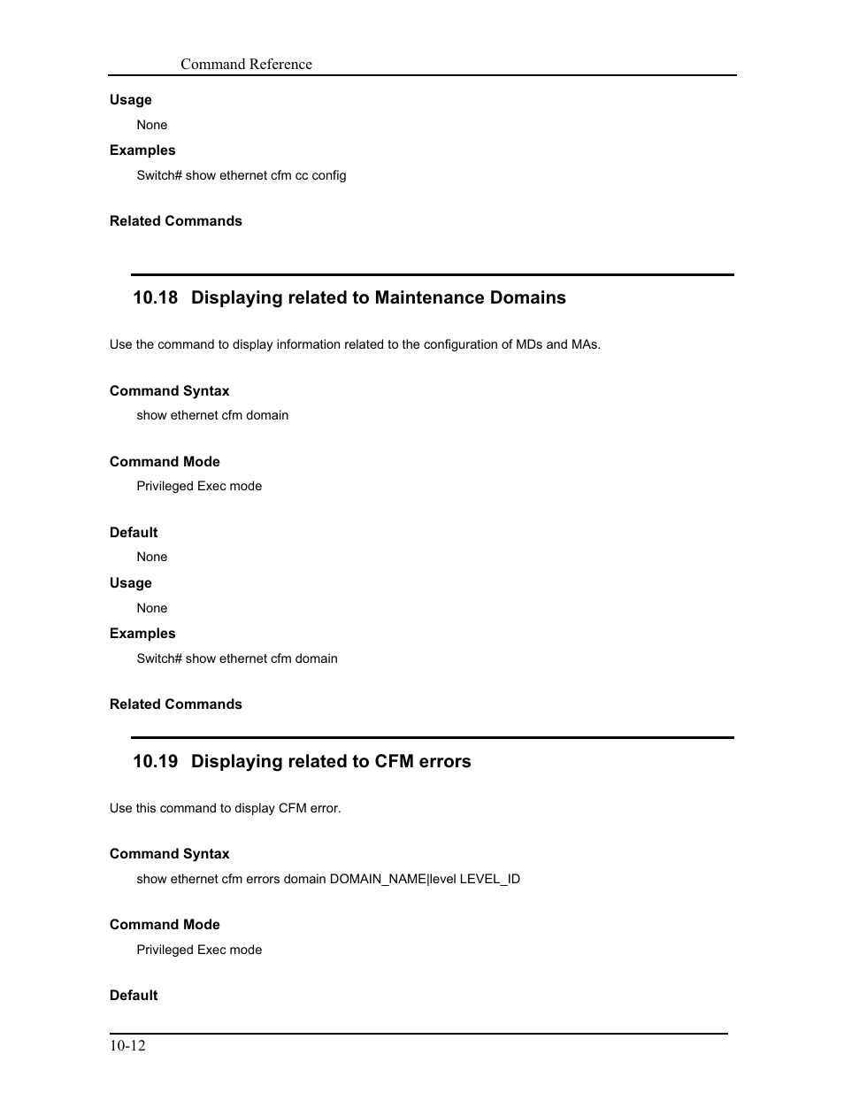 18 displaying related to maintenance domains, 19 displaying related to cfm errors | CANOGA PERKINS 9171 Command Reference User Manual | Page 169 / 782