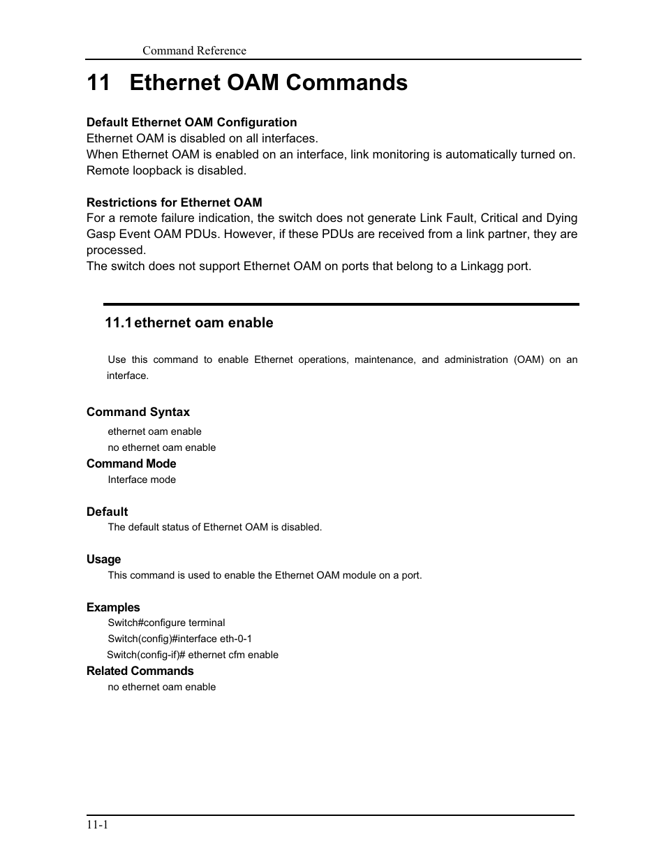11 ethernet oam commands, 1 ethernet oam enable | CANOGA PERKINS 9171 Command Reference User Manual | Page 173 / 782