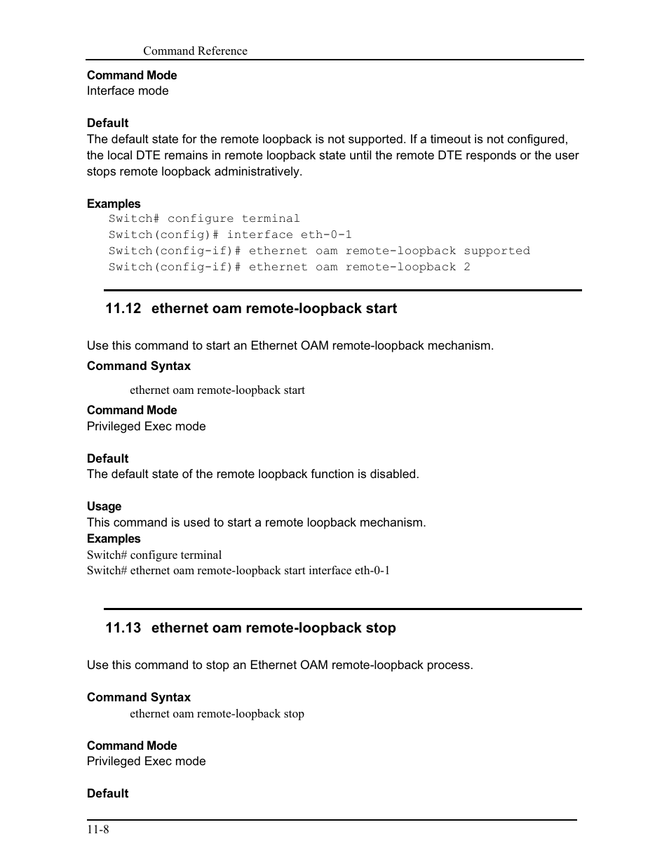 12 ethernet oam remote-loopback start, 13 ethernet oam remote-loopback stop | CANOGA PERKINS 9171 Command Reference User Manual | Page 180 / 782