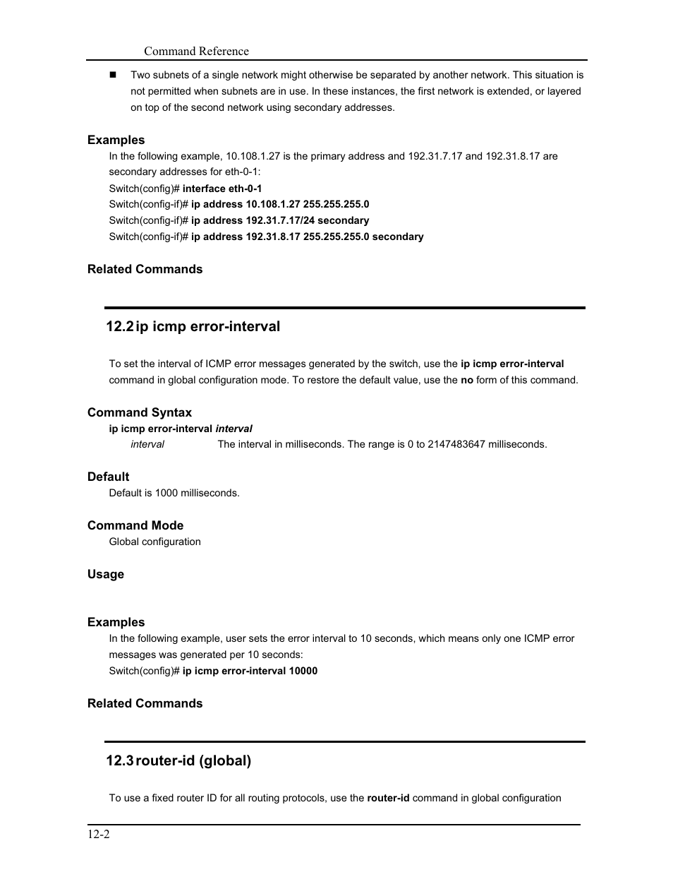 2 ip icmp error-interval, 3 router-id (global) | CANOGA PERKINS 9171 Command Reference User Manual | Page 184 / 782