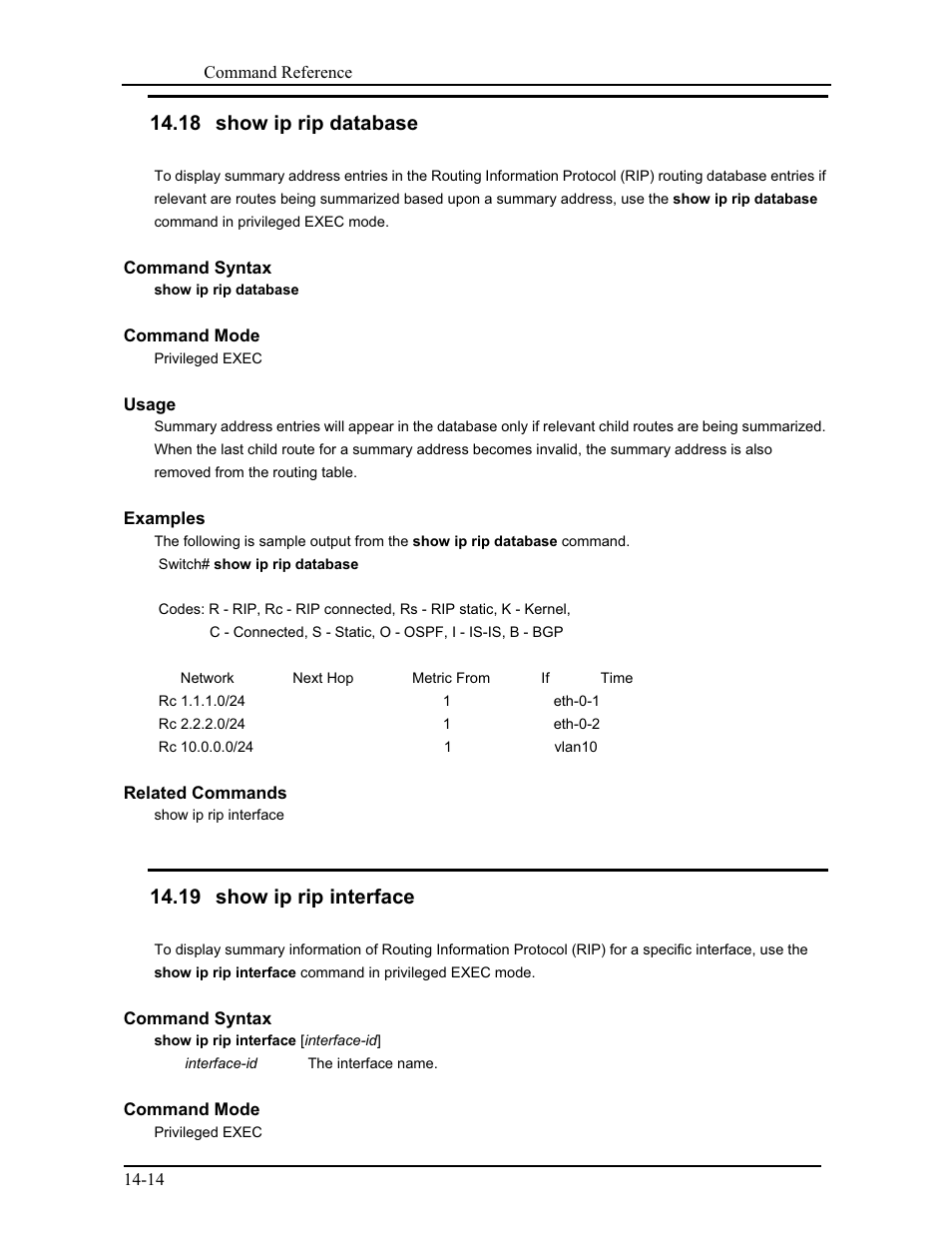 18 show ip rip database, 19 show ip rip interface | CANOGA PERKINS 9171 Command Reference User Manual | Page 207 / 782
