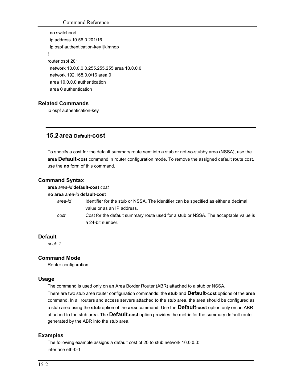 2 area default-cost, 2 area, Cost | CANOGA PERKINS 9171 Command Reference User Manual | Page 211 / 782