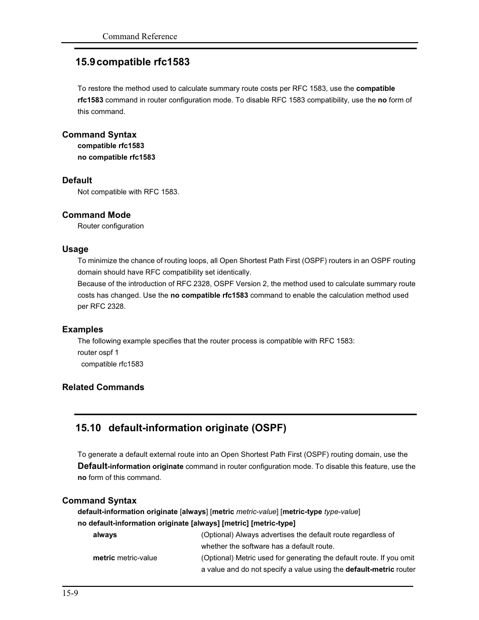 9 compatible rfc1583, 10 default-information originate (ospf) | CANOGA PERKINS 9171 Command Reference User Manual | Page 218 / 782