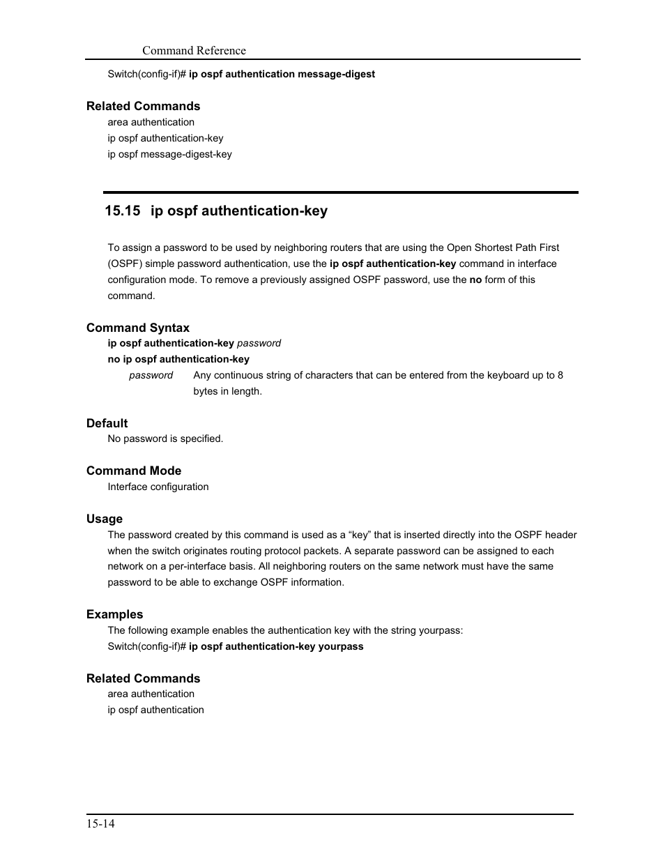 15 ip ospf authentication-key | CANOGA PERKINS 9171 Command Reference User Manual | Page 223 / 782