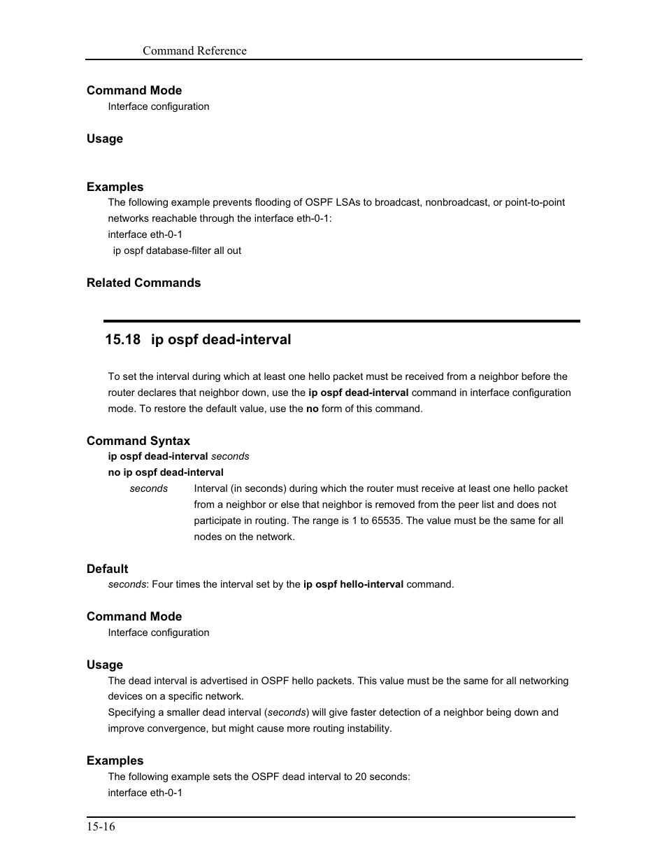 18 ip ospf dead-interval | CANOGA PERKINS 9171 Command Reference User Manual | Page 225 / 782