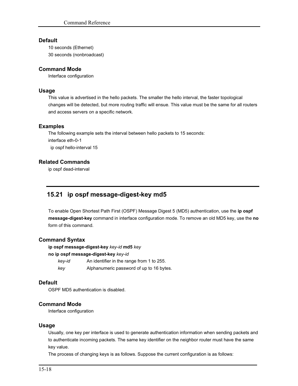 20 ip ospf hello-interval, 21 ip ospf message-digest-key md5 | CANOGA PERKINS 9171 Command Reference User Manual | Page 227 / 782