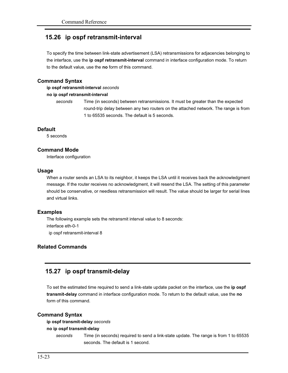 26 ip ospf retransmit-interval, 27 ip ospf transmit-delay | CANOGA PERKINS 9171 Command Reference User Manual | Page 232 / 782