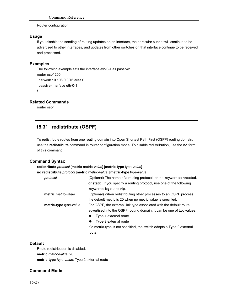 31 redistribute (ospf) | CANOGA PERKINS 9171 Command Reference User Manual | Page 236 / 782