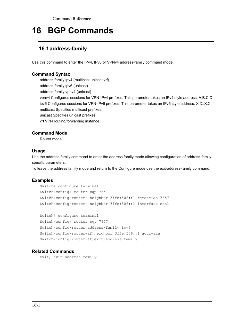 16 bgp commands, 1 address-family | CANOGA PERKINS 9171 Command Reference User Manual | Page 246 / 782