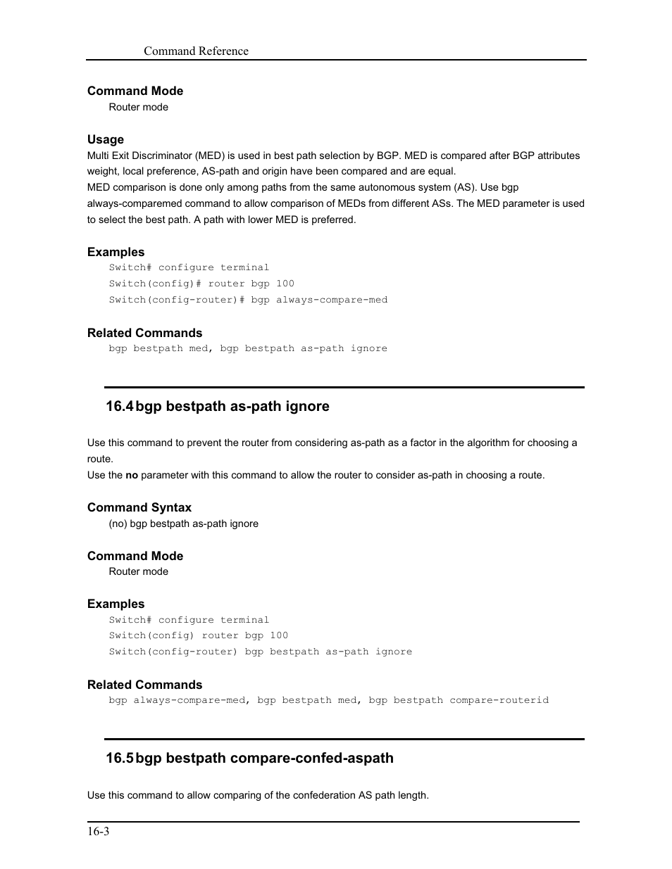 4 bgp bestpath as-path ignore, 5 bgp bestpath compare-confed-aspath | CANOGA PERKINS 9171 Command Reference User Manual | Page 248 / 782