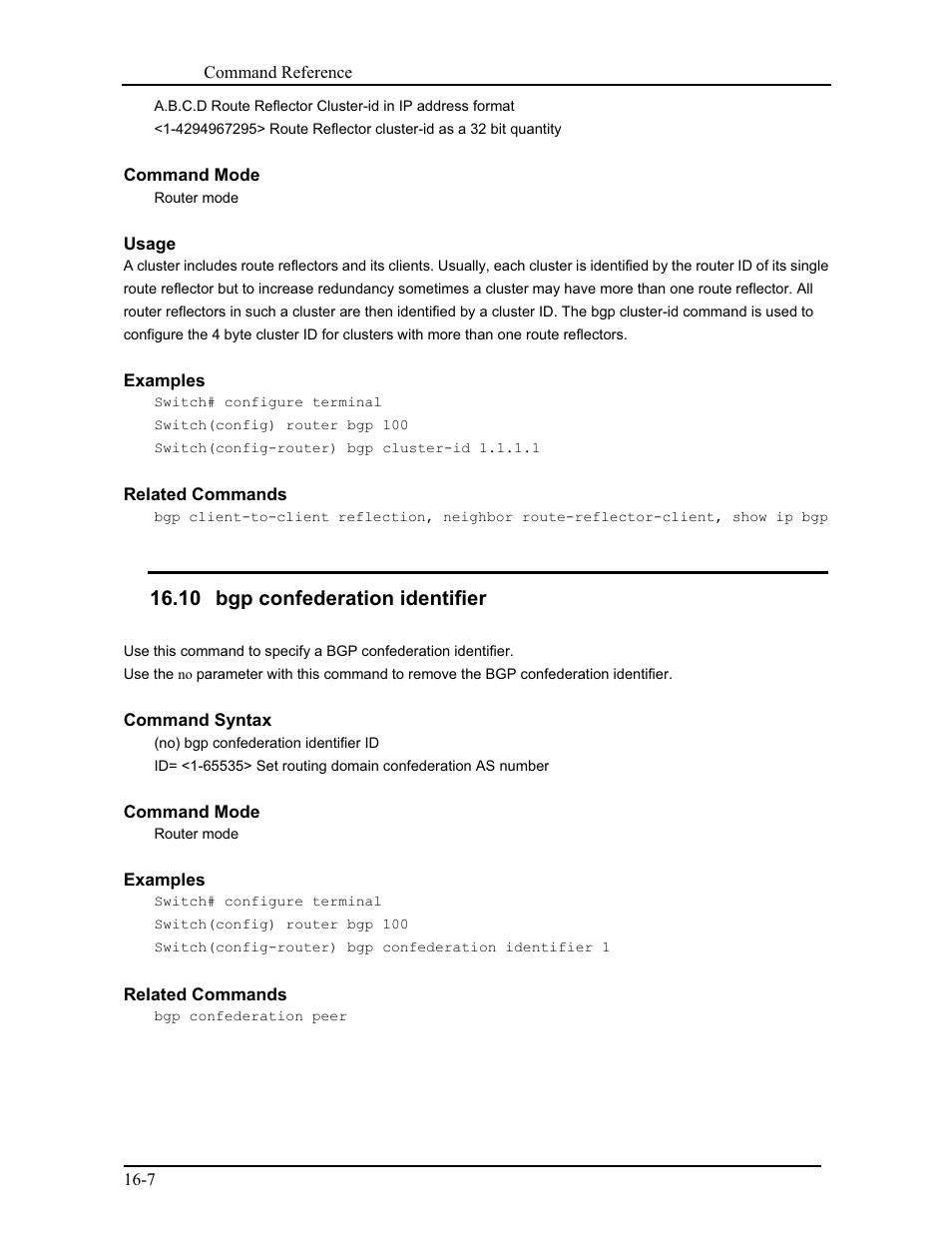 10 bgp confederation identifier | CANOGA PERKINS 9171 Command Reference User Manual | Page 252 / 782