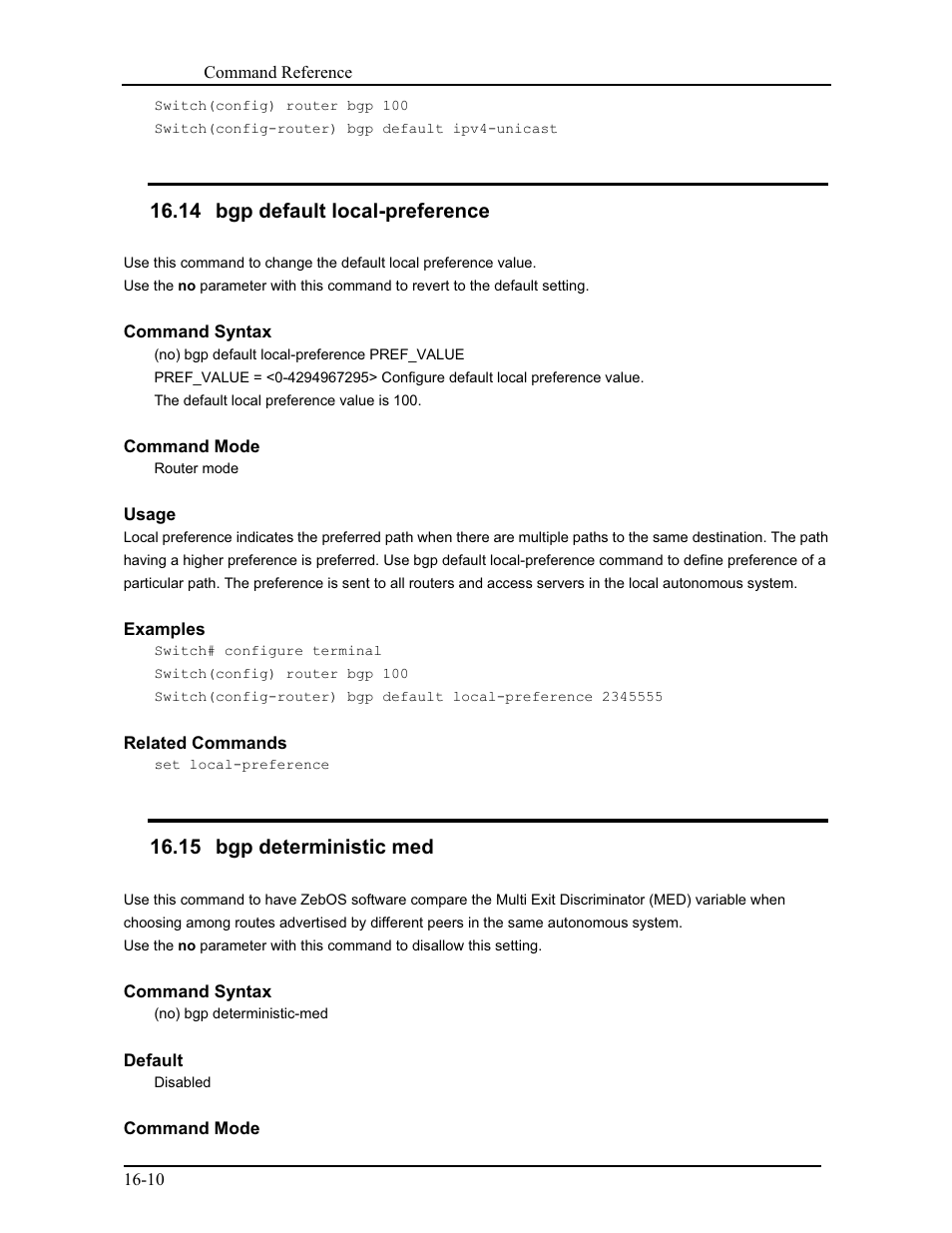 14 bgp default local-preference, 15 bgp deterministic med | CANOGA PERKINS 9171 Command Reference User Manual | Page 255 / 782