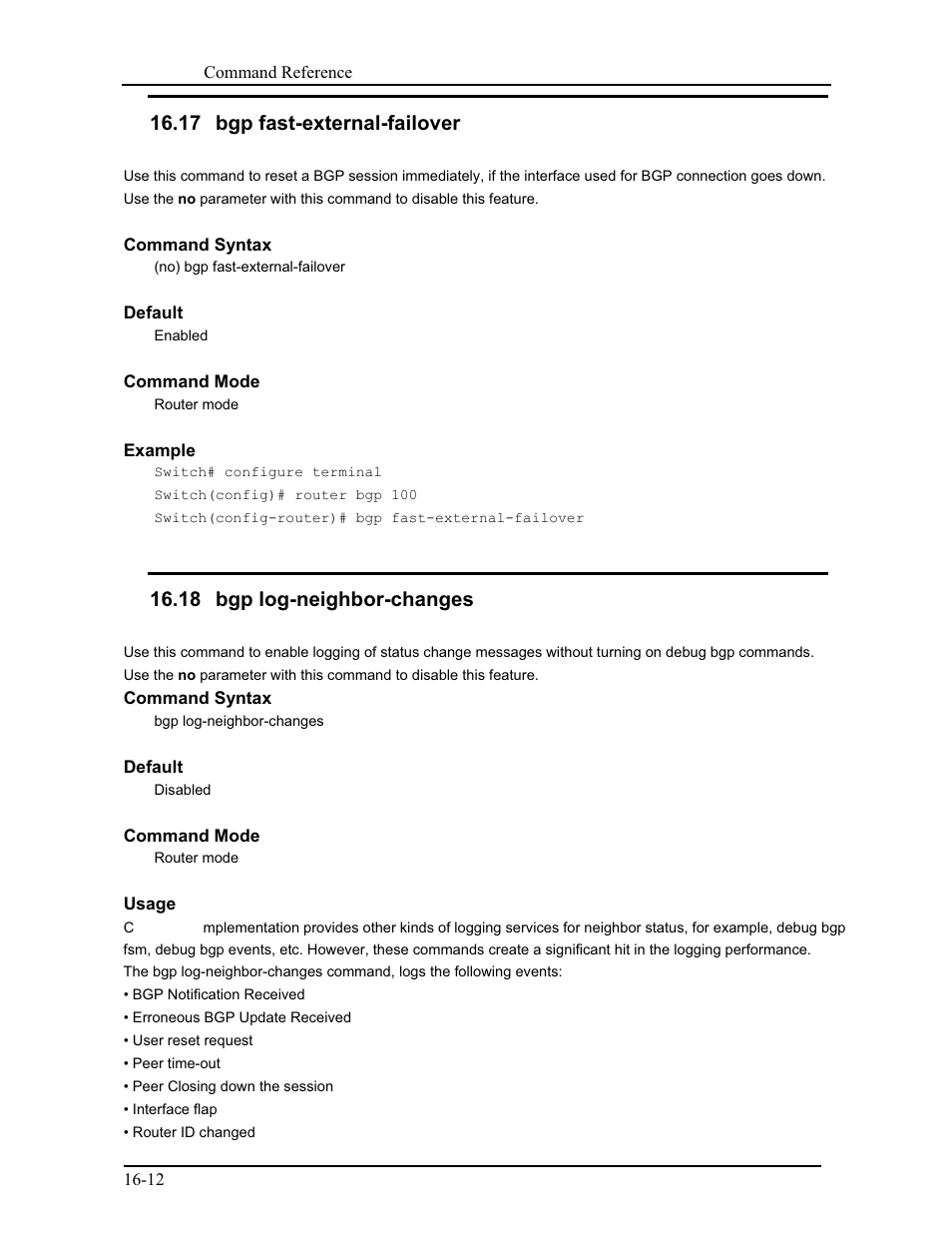 17 bgp fast-external-failover, 18 bgp log-neighbor-changes | CANOGA PERKINS 9171 Command Reference User Manual | Page 257 / 782