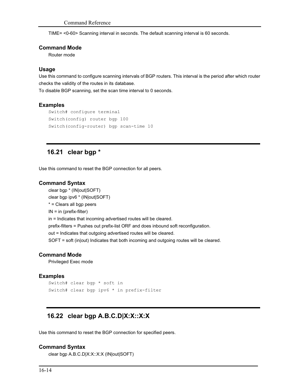 21 clear bgp, 22 clear bgp a.b.c.d|x:x::x:x | CANOGA PERKINS 9171 Command Reference User Manual | Page 259 / 782