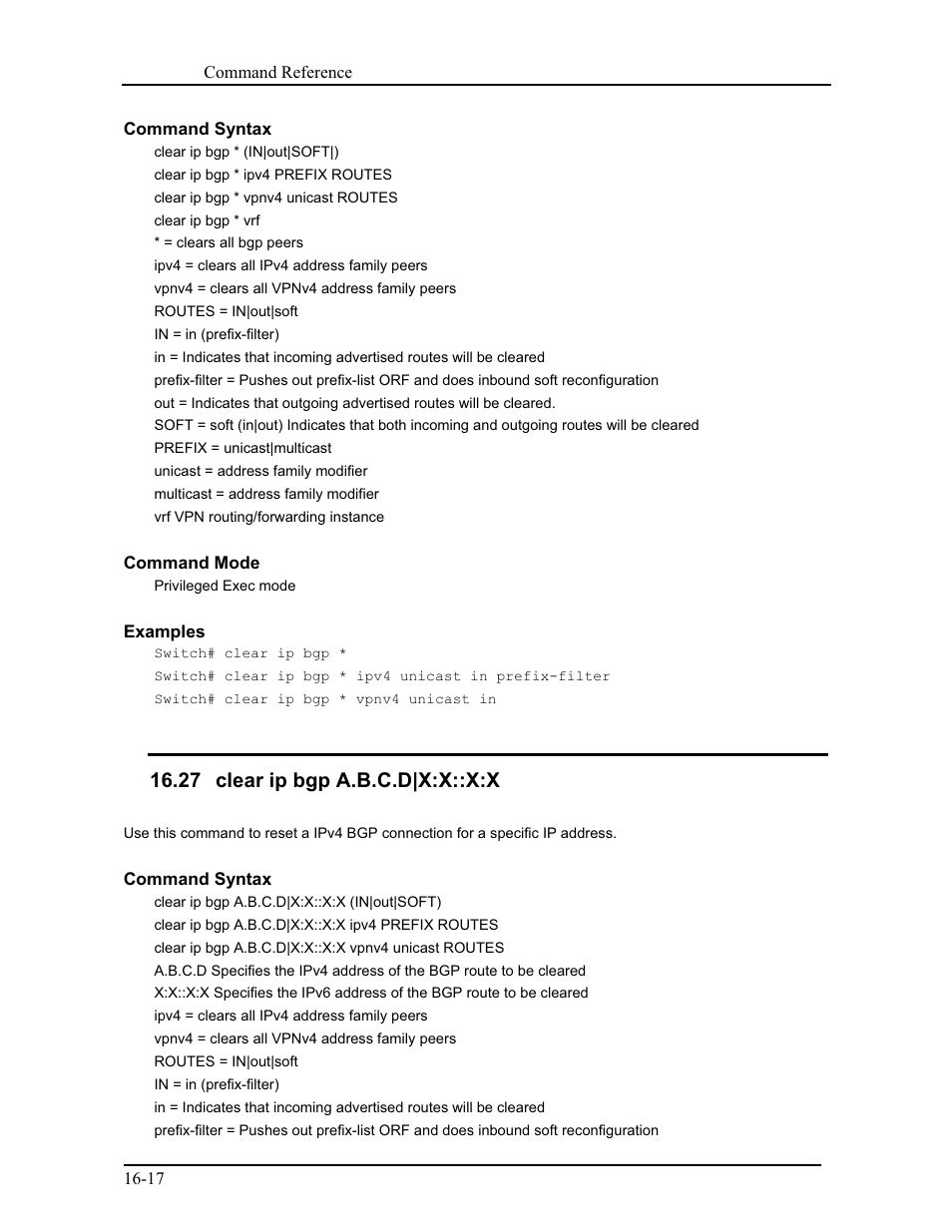 27 clear ip bgp a.b.c.d|x:x::x:x | CANOGA PERKINS 9171 Command Reference User Manual | Page 262 / 782