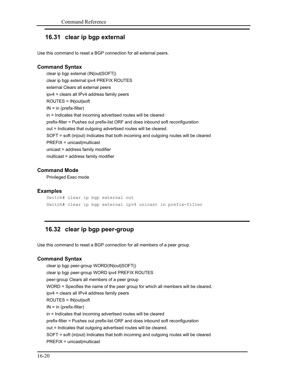 31 clear ip bgp external, 32 clear ip bgp peer-group | CANOGA PERKINS 9171 Command Reference User Manual | Page 265 / 782