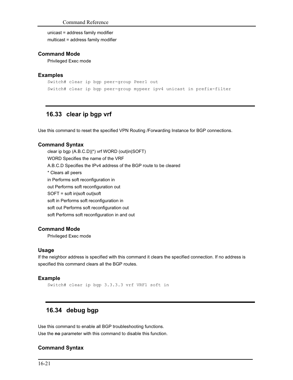33 clear ip bgp vrf, 34 debug bgp | CANOGA PERKINS 9171 Command Reference User Manual | Page 266 / 782