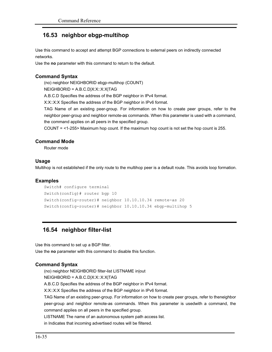53 neighbor ebgp-multihop, 54 neighbor filter-list | CANOGA PERKINS 9171 Command Reference User Manual | Page 280 / 782