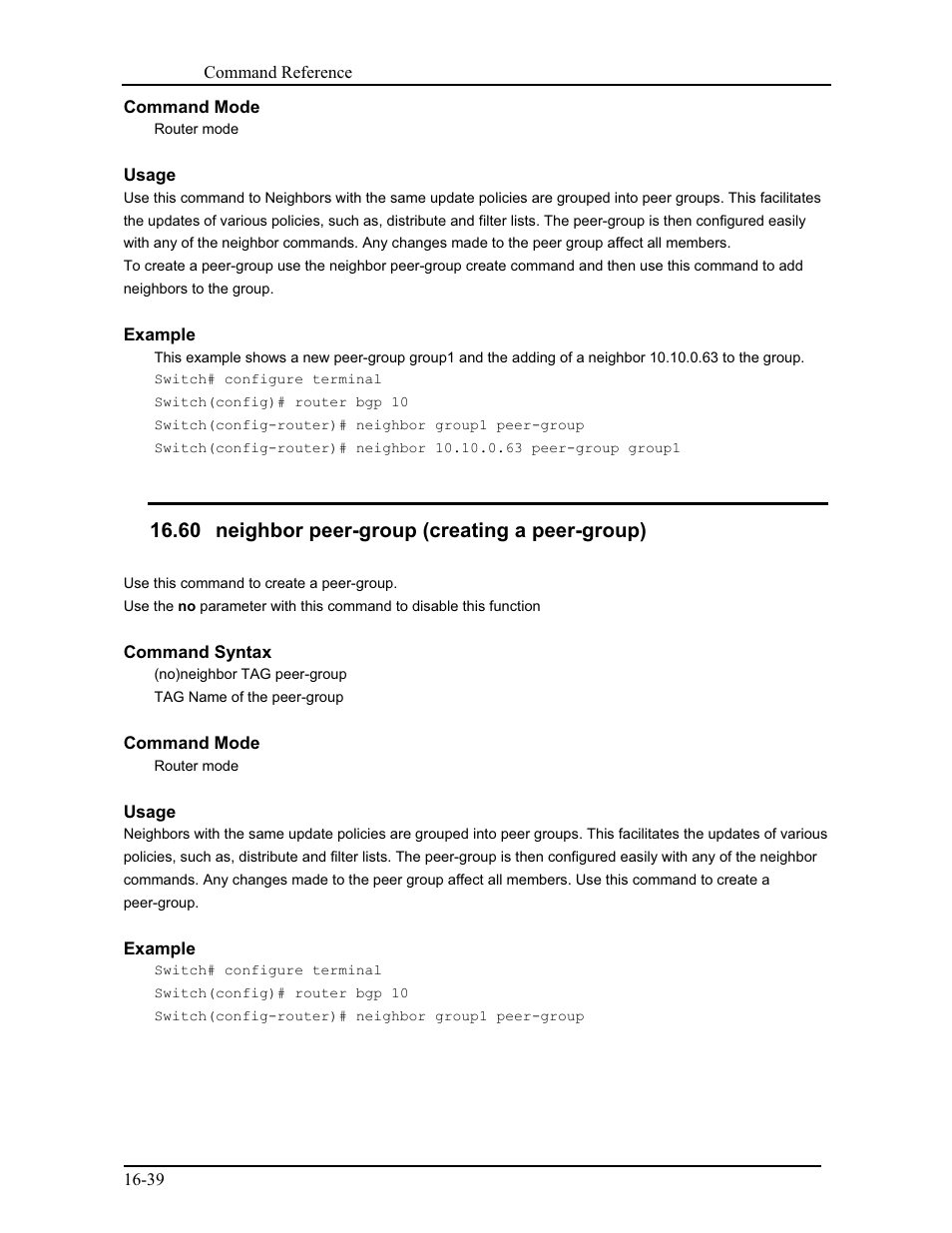 60 neighbor peer-group (creating a peer-group) | CANOGA PERKINS 9171 Command Reference User Manual | Page 284 / 782
