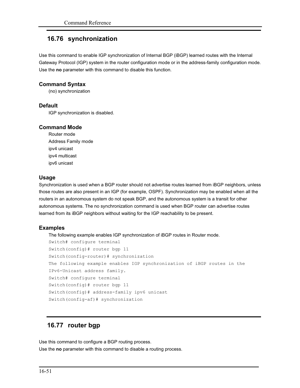 76 synchronization, 77 router bgp | CANOGA PERKINS 9171 Command Reference User Manual | Page 296 / 782