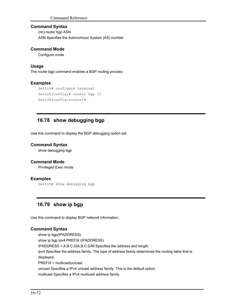 78 show debugging bgp, 79 show ip bgp | CANOGA PERKINS 9171 Command Reference User Manual | Page 297 / 782
