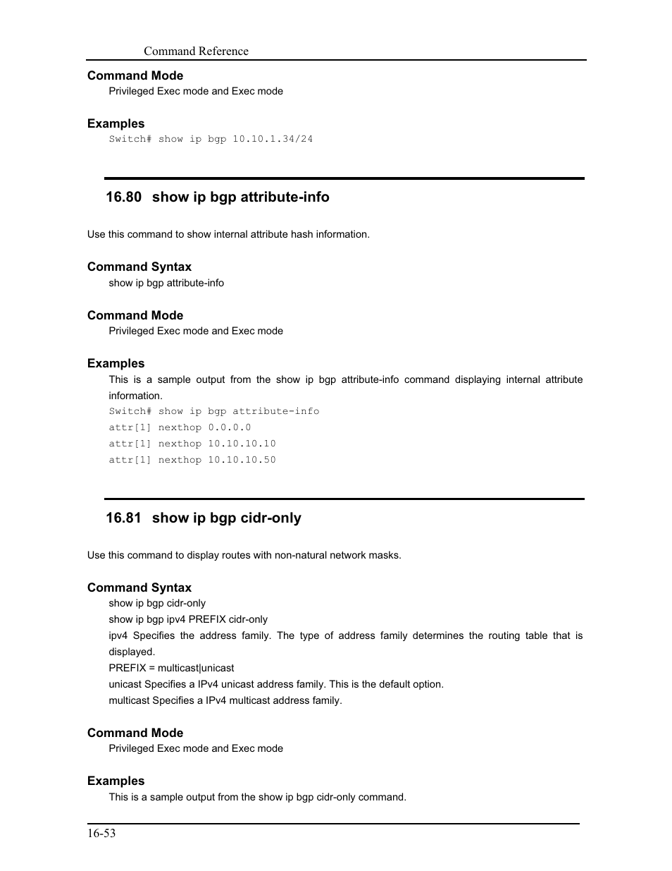80 show ip bgp attribute-info, 81 show ip bgp cidr-only | CANOGA PERKINS 9171 Command Reference User Manual | Page 298 / 782