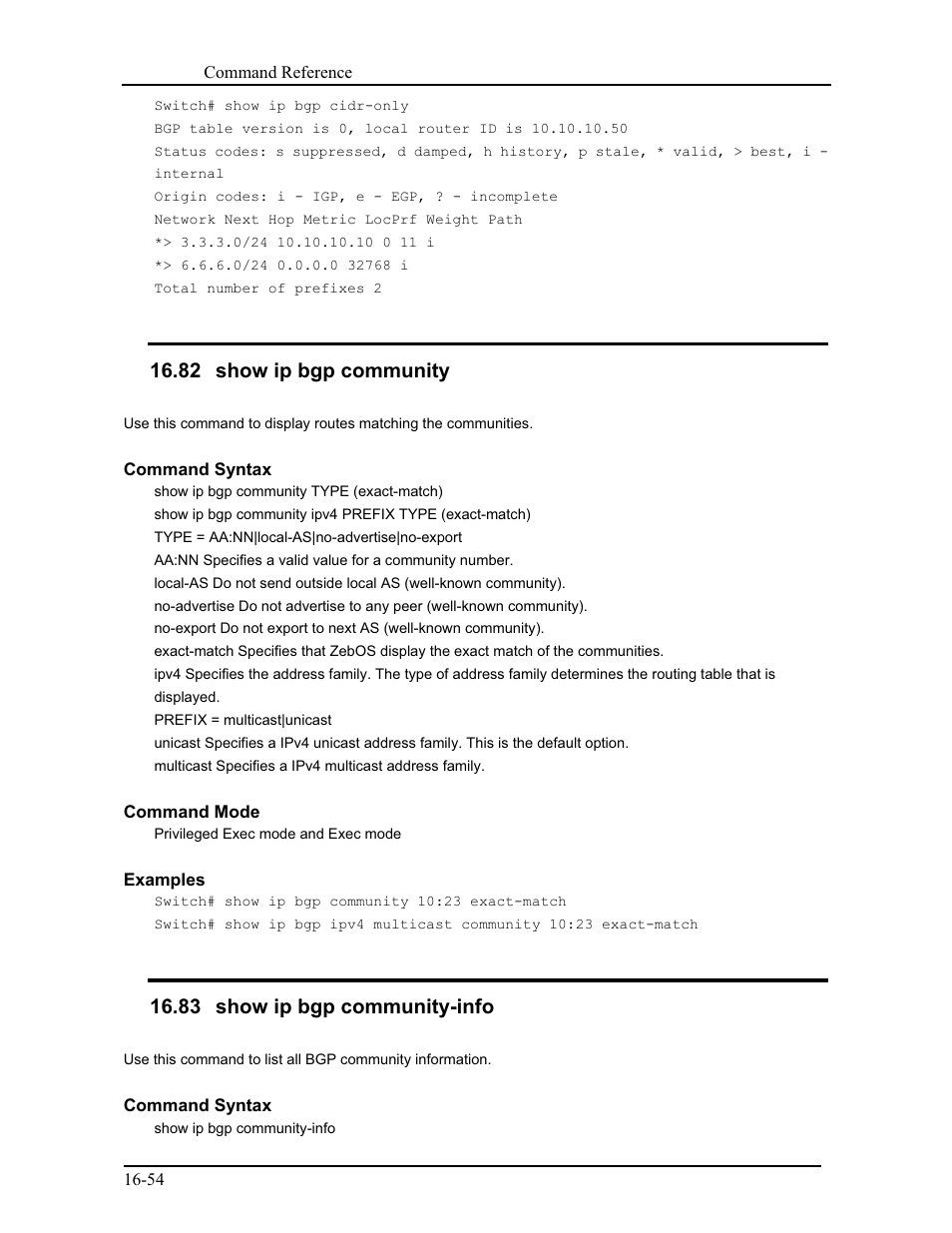 82 show ip bgp community, 83 show ip bgp community-info | CANOGA PERKINS 9171 Command Reference User Manual | Page 299 / 782